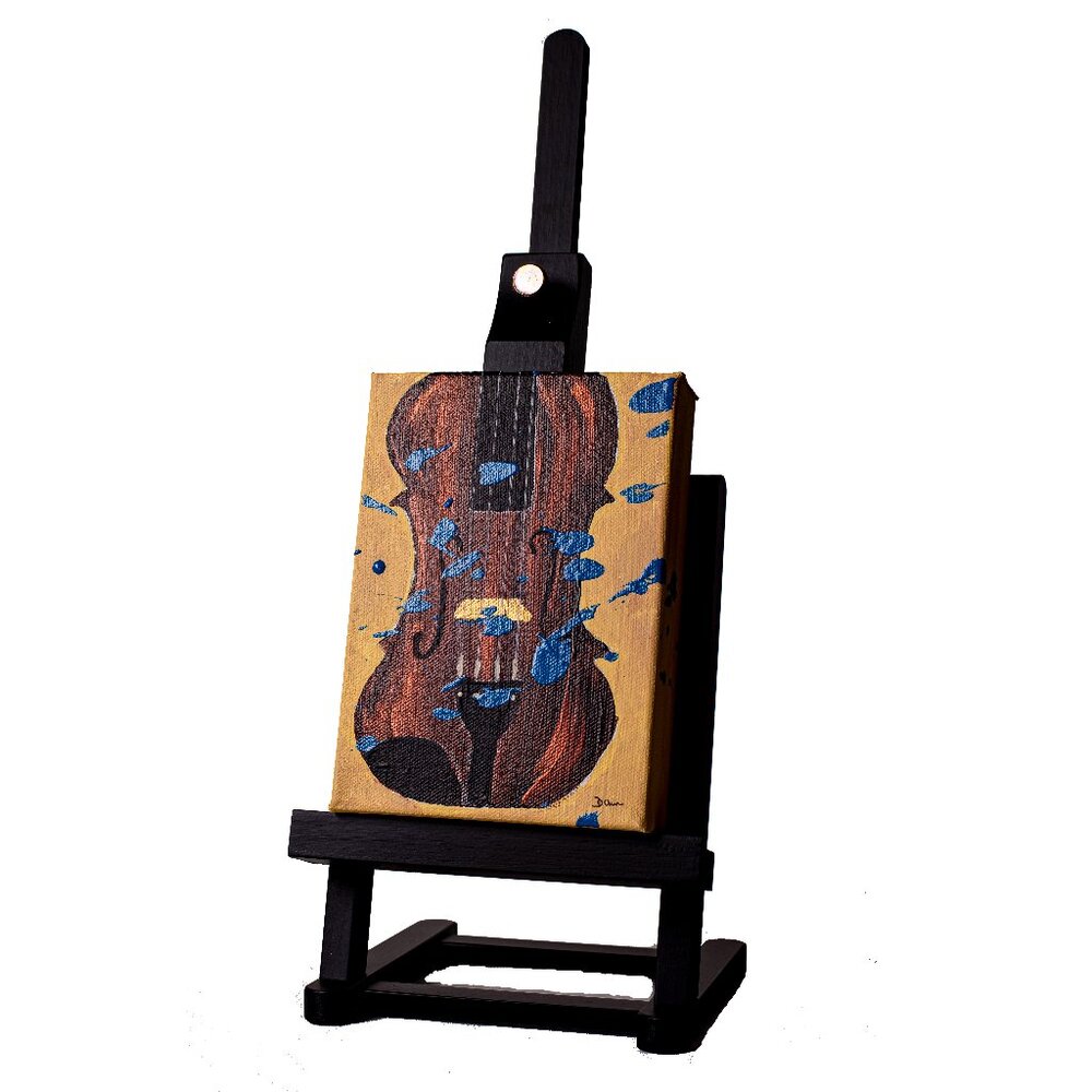 Original Table Painting w/Easel "Violin on Yellow Abstract I" by Dawn M. Wayand